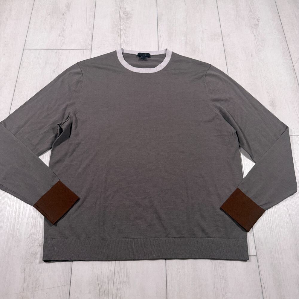 COS Mens Wool Colorblock Knitted Crewneck Sweater Gray Brown Business Men Large